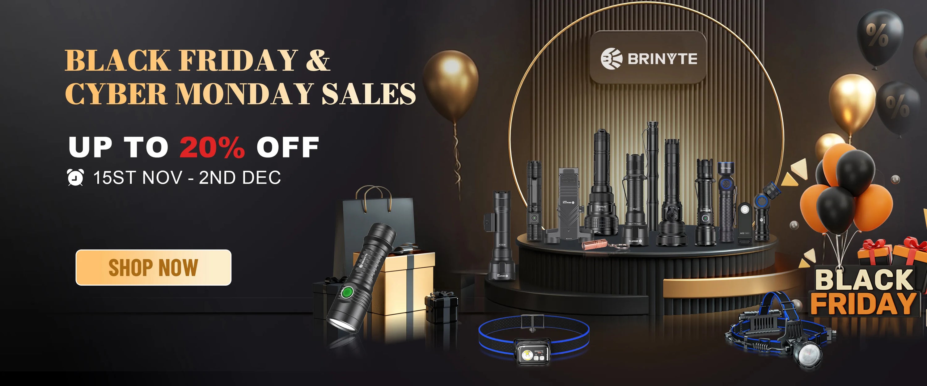 Black Friday and Cyber Monday sale up to 20%OFF banner with Brinyte all flashlights