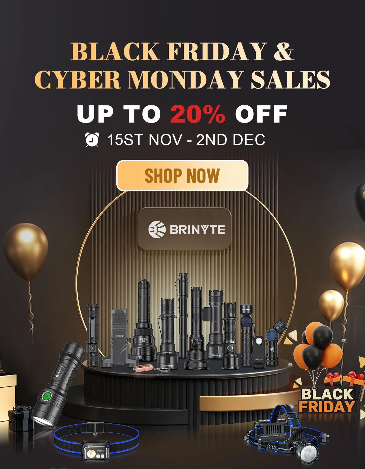 Black Friday and Cyber Monday sale up to 20%OFF banner with Brinyte all flashlights