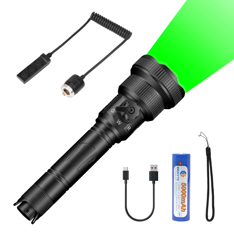 Brinyte T28 Artemis hunting flashlight kit with 5000mAh rechargeable battery, USB-C charging cable, remote pressure switch, and wrist strap for tactical and outdoor use.