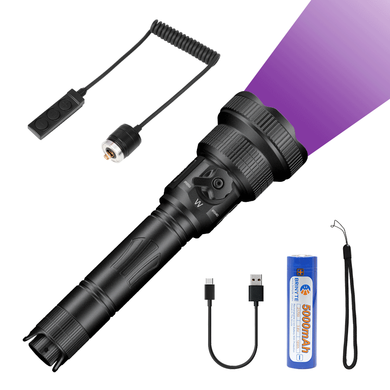 Brinyte T28 Artemis hunting flashlight kit with 5000mAh rechargeable battery, USB-C charging cable, remote pressure switch, and wrist strap for tactical and outdoor use.