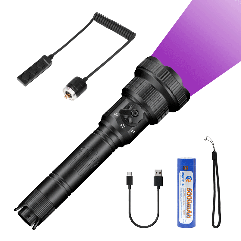 Brinyte T28 Artemis hunting flashlight kit with 5000mAh rechargeable battery, USB-C charging cable, remote pressure switch, and wrist strap for tactical and outdoor use.