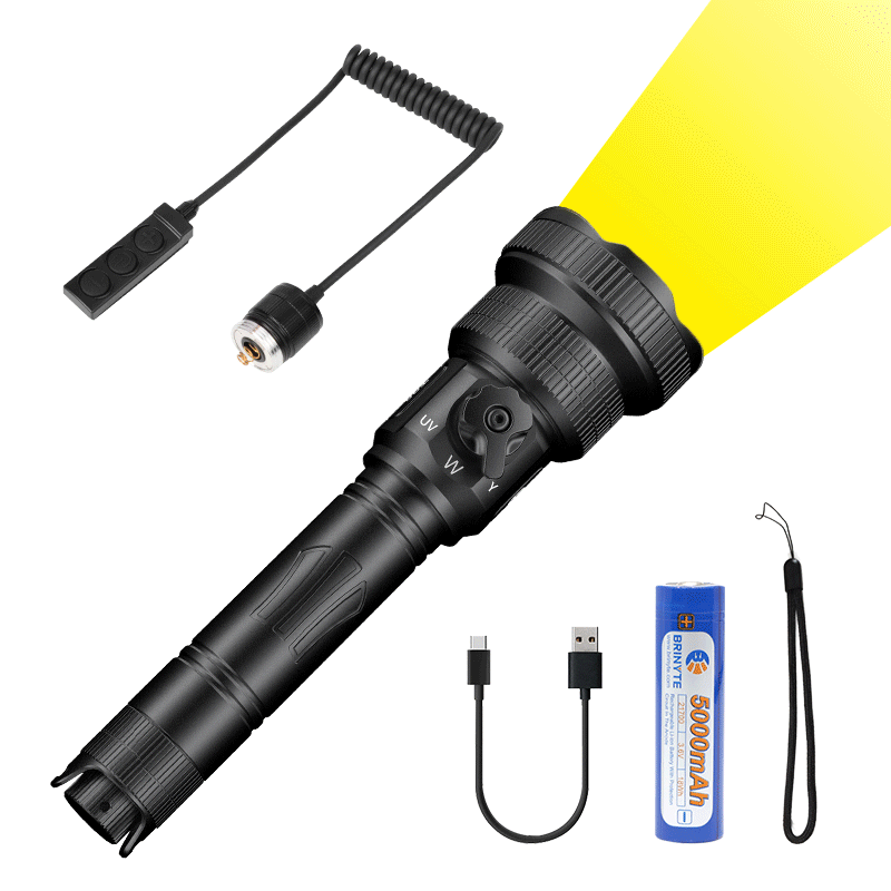 Brinyte T28 Artemis hunting flashlight kit with 5000mAh rechargeable battery, USB-C charging cable, remote pressure switch, and wrist strap for tactical and outdoor use.