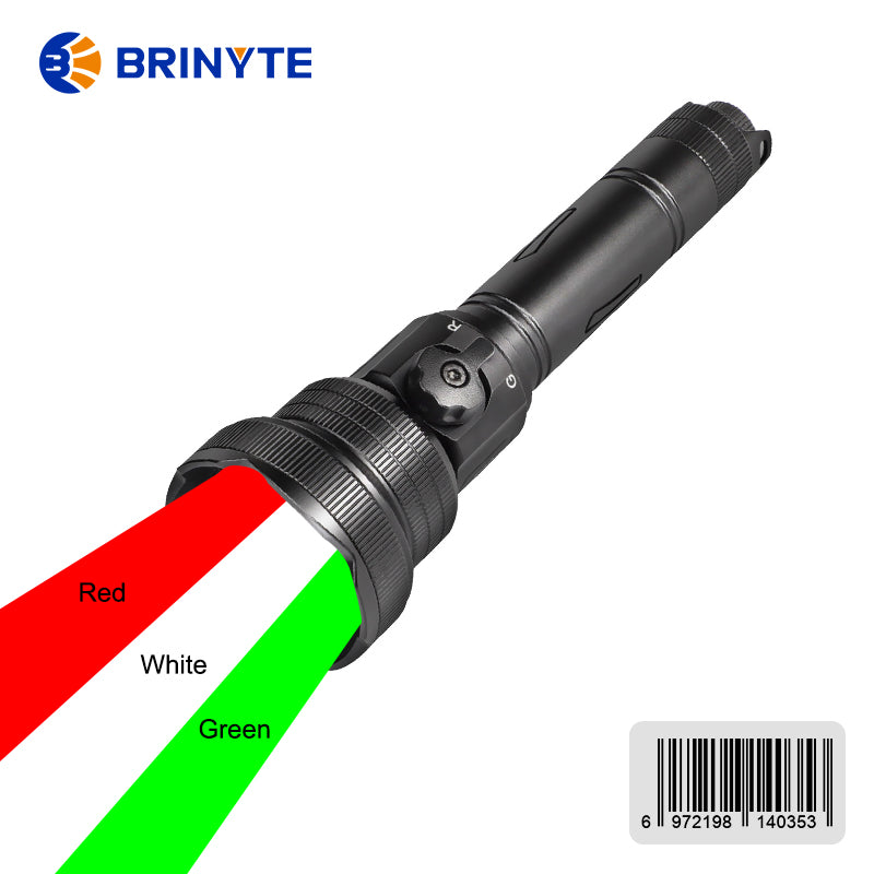A Brinyte T28 rechargeable hunting light with a tri-color lighting system, showing a red, white, and green light beam projection.
