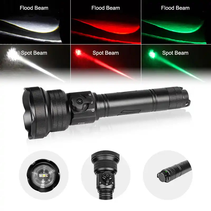 Brinyte T28 hunting flashlight demonstrating flood beam and spot beam effect in red, green, and white light modes, with close-up of LED head and rotary color switch for hunters.