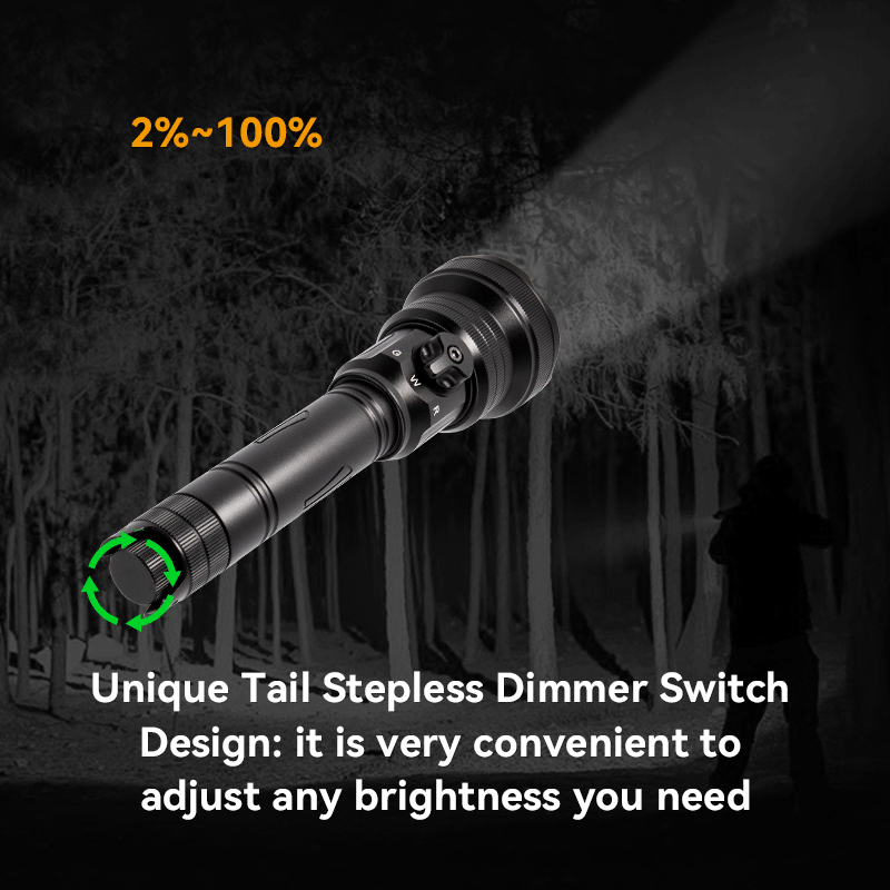 Brinyte T28 hunting flashlight with unique tail stepless dimmer switch, allowing smooth brightness adjustment from 2% to 100% for night hunting.