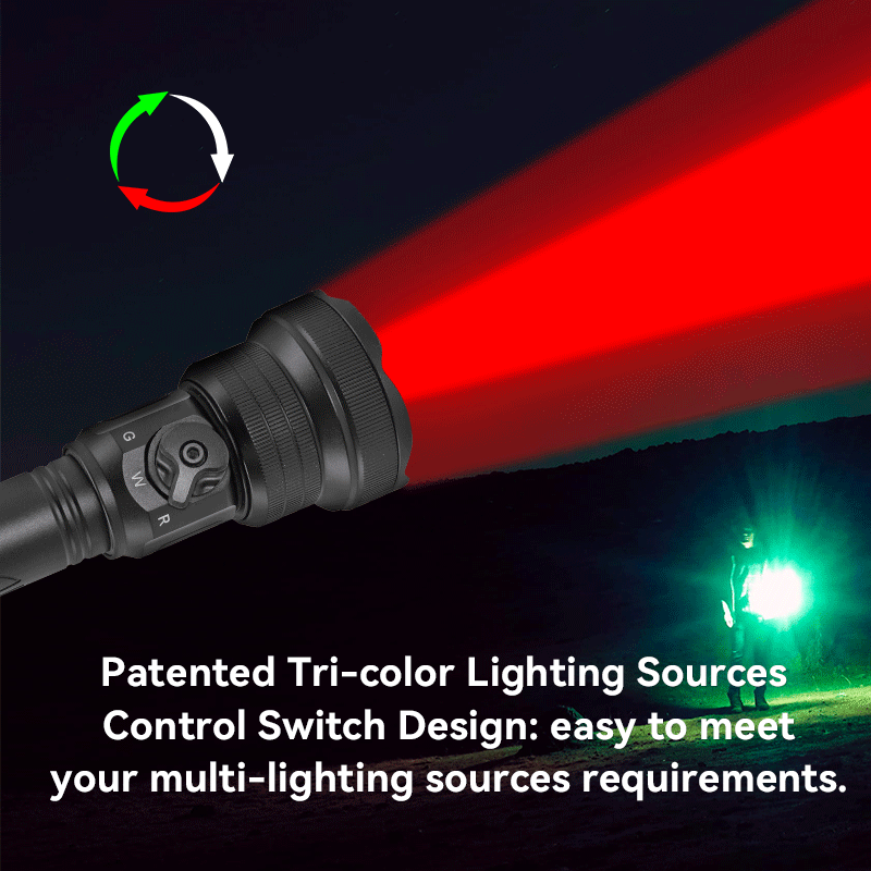 Brinyte T28 hunting flashlight with patented tri-color lighting sources and control switch design, showing white and green beams for versatile night hunting use.