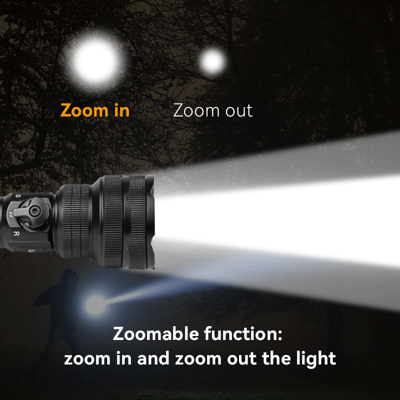 Brinyte T28 zoomable hunting flashlight demonstrating adjustable beam focus, showing zoom in and zoom out light modes for long-range and wide-angle illumination.