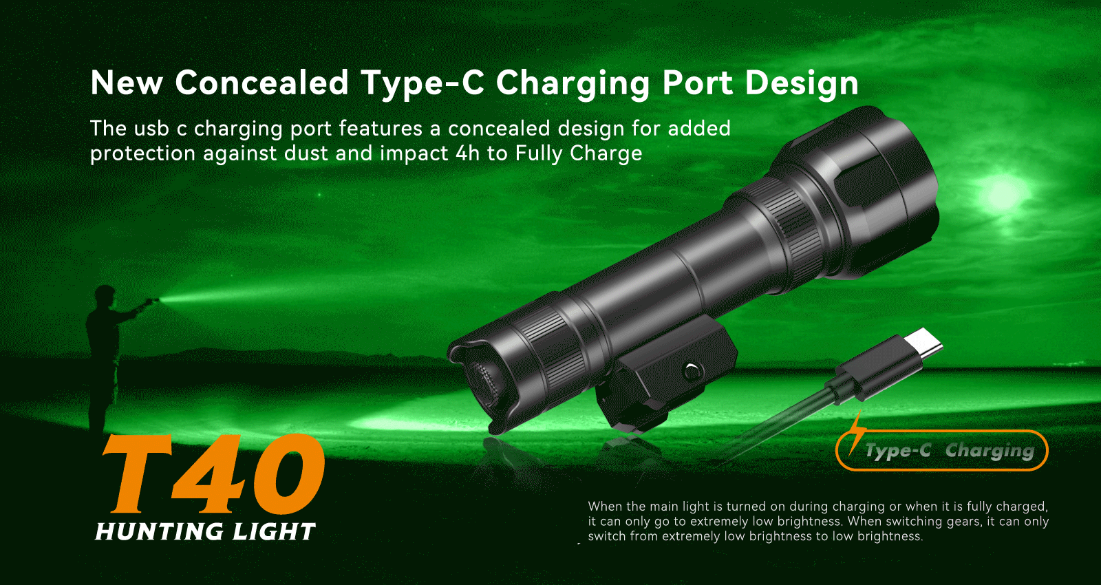 Brinyte T40 hunting flashlight with USB-C upgraded fast charging design
