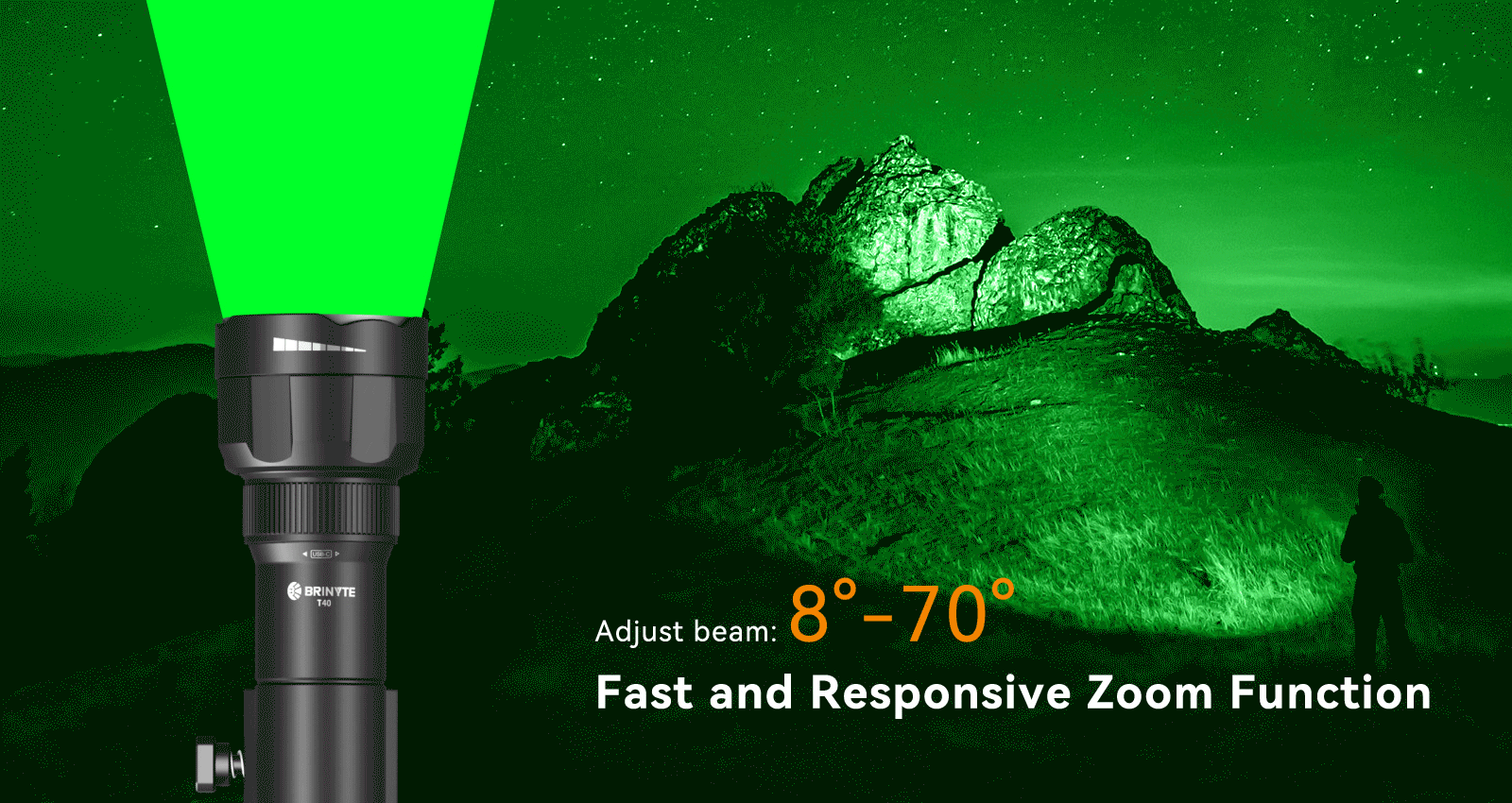 Fast and responsive zoom function for Brinyte T40 night hunting flashlight