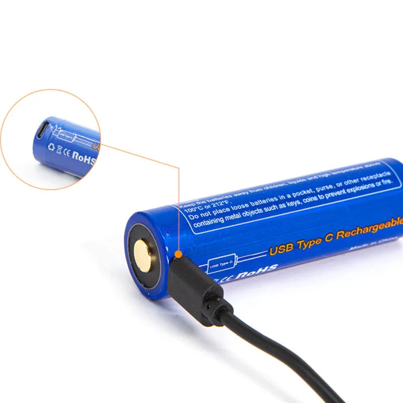 Brinyte 21700 USB Type-C rechargeable battery for tactical flashlights, supporting fast charging and long runtime performance.
