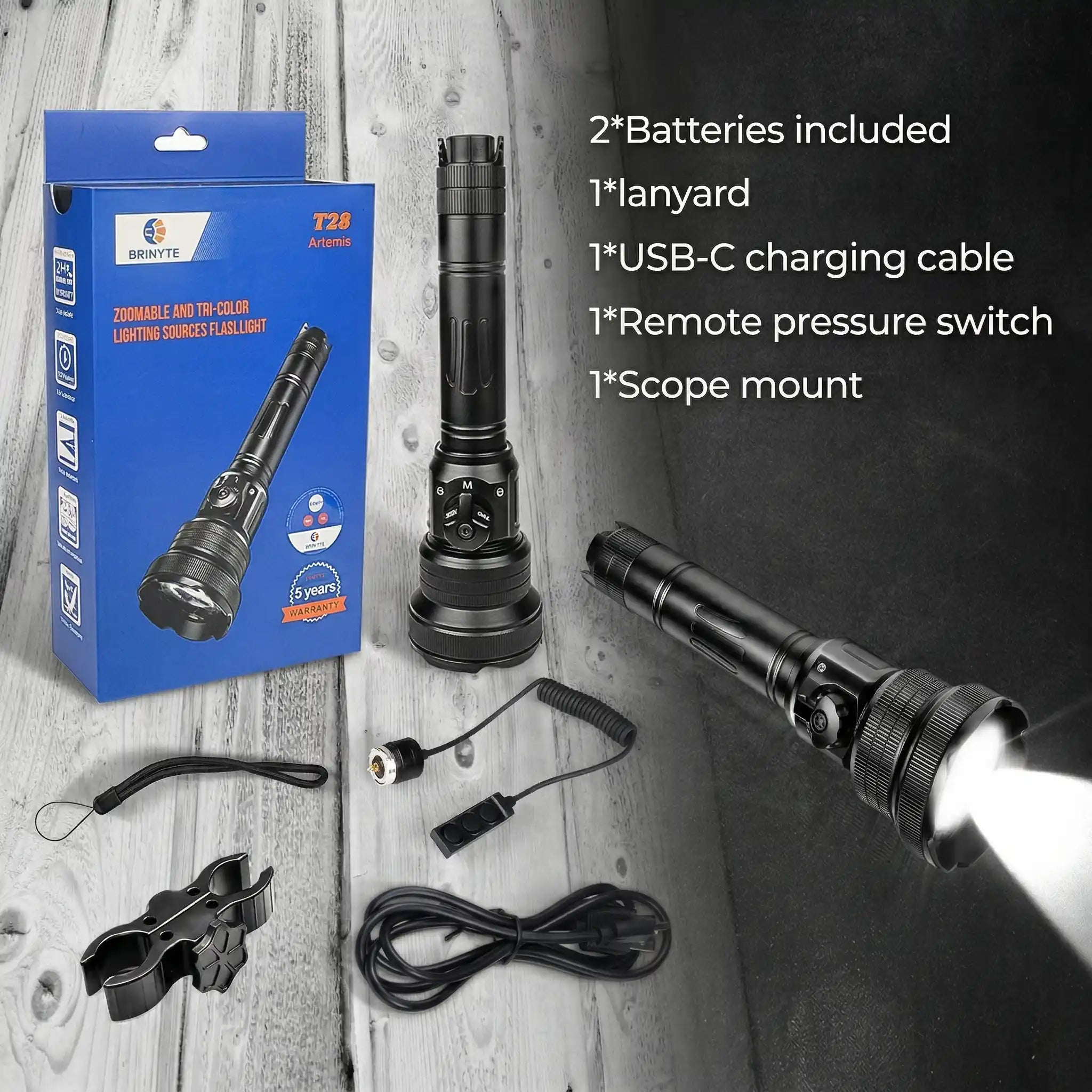 Brinyte T28 zoomable tri-color hunting flashlight complete kit: includes 2×21700 batteries, USB-C charging cable, remote pressure switch, scope mount, and lanyard.