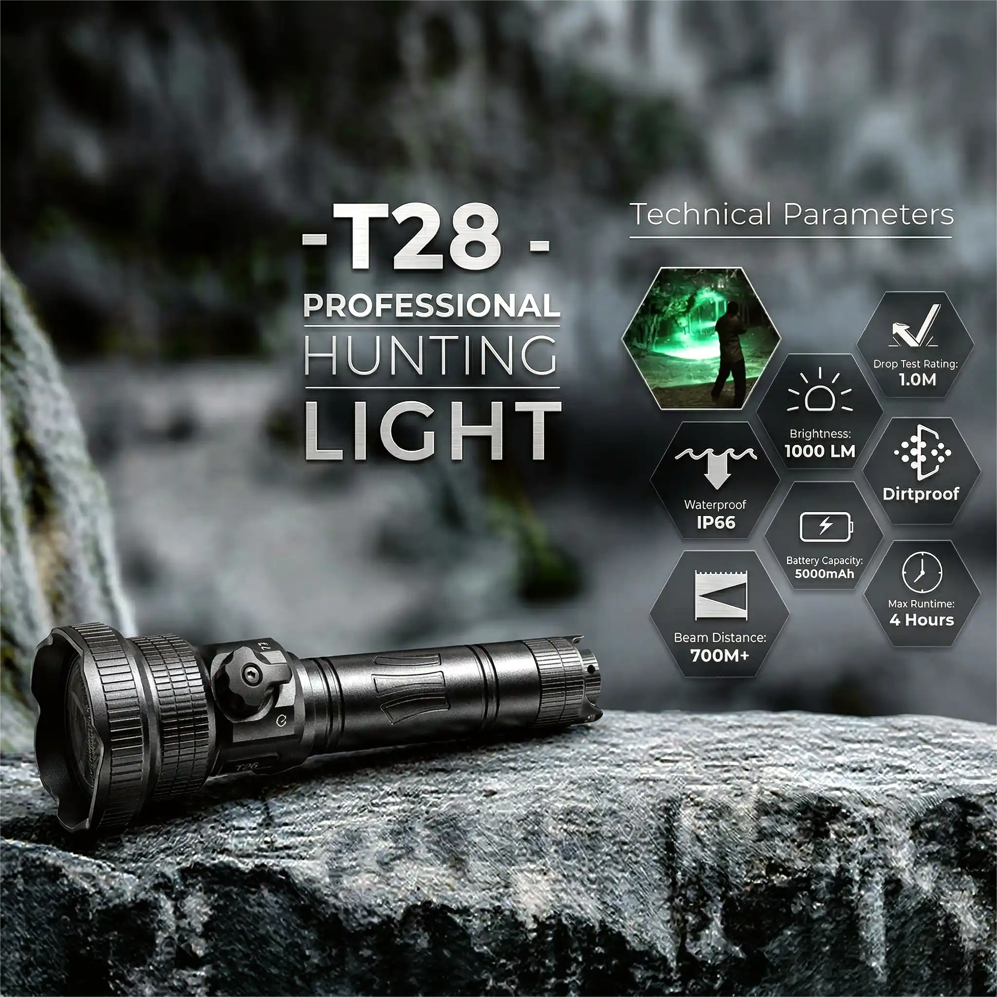 Brinyte T28 professional hunting flashlight technical specifications: 1000 lumens brightness, 5000mAh battery, 4 hours max runtime, 700+ meters beam distance, IP66 waterproof and dustproof, 1.0m drop test rating.