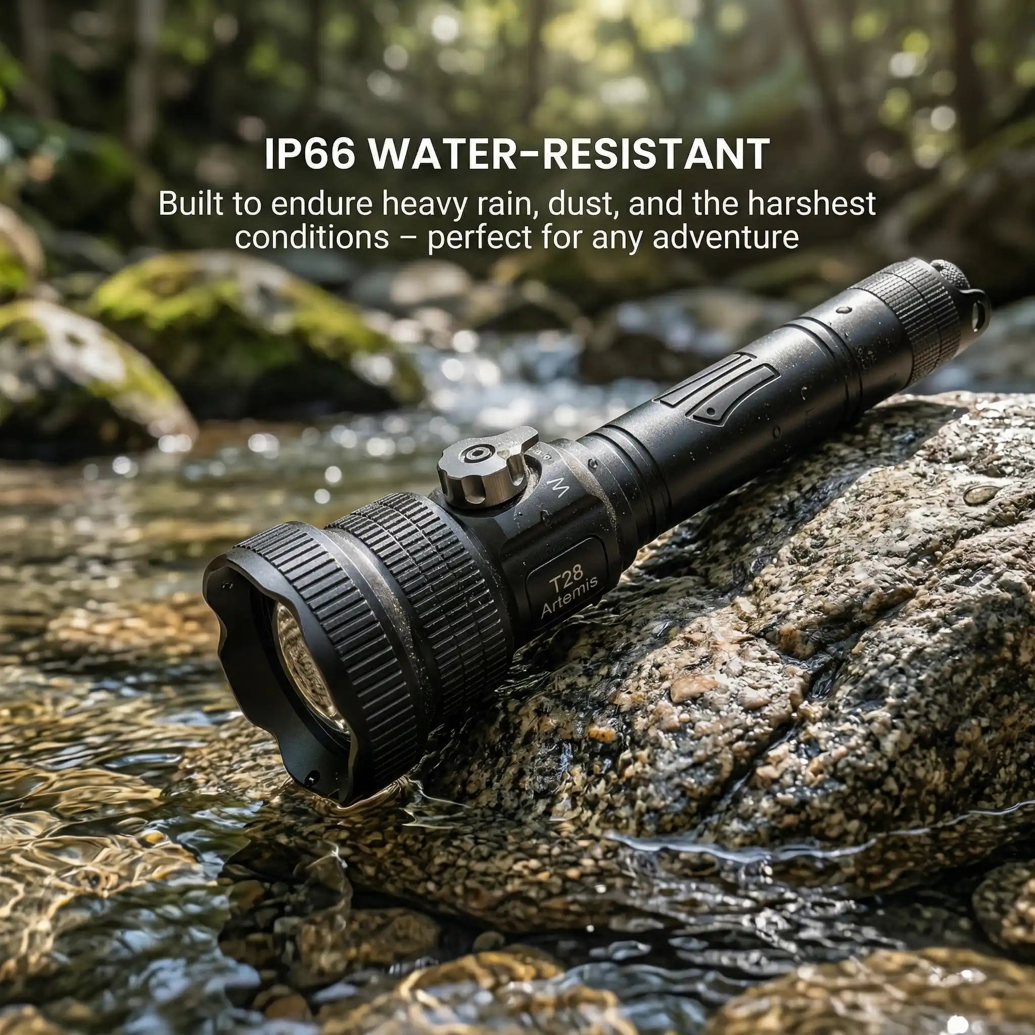 Brinyte T28 IP66 water-resistant rating: built to endure heavy rain, dust, and the harshest conditions for any adventure.