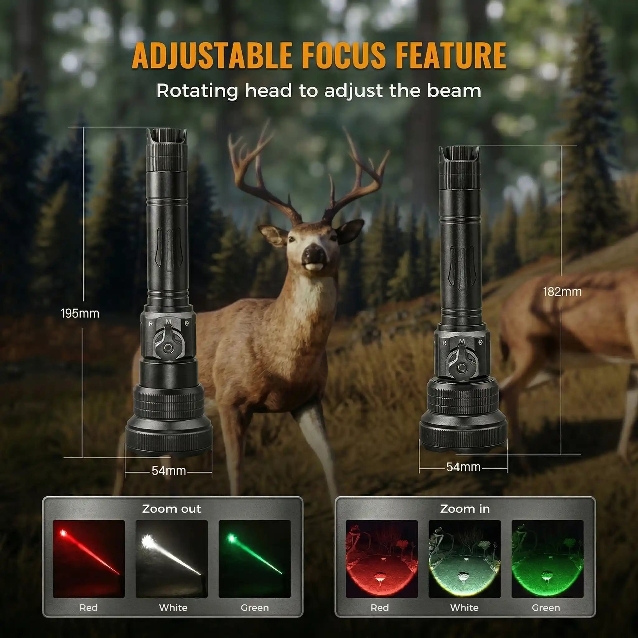 Brinyte T28 adjustable focus feature: rotate head to adjust beam, length extends from 182mm to 195mm, head diameter 54mm, with red, white, green color indicators.