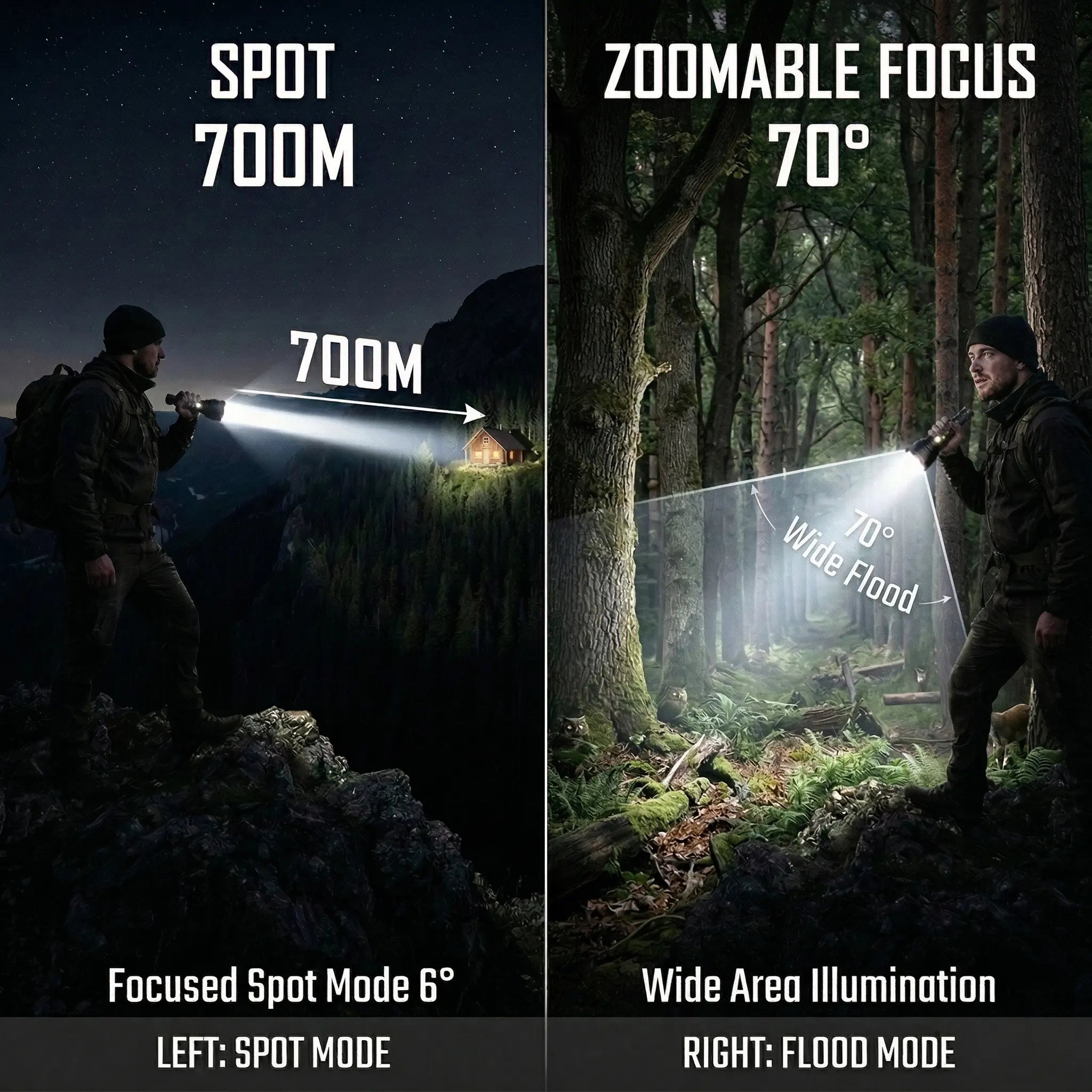 Brinyte T28 zoomable focus comparison: left shows spot mode with 6° beam angle and 700m distance, right shows flood mode with 70° wide area illumination."