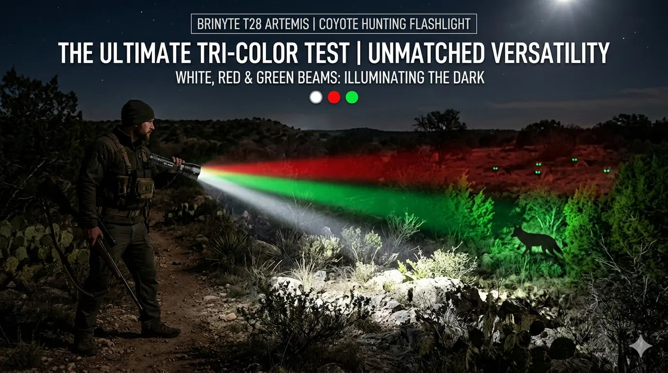 Best coyote hunting light 2026 comparison cover – Brinyte T28 Artemis red green white beams field tested