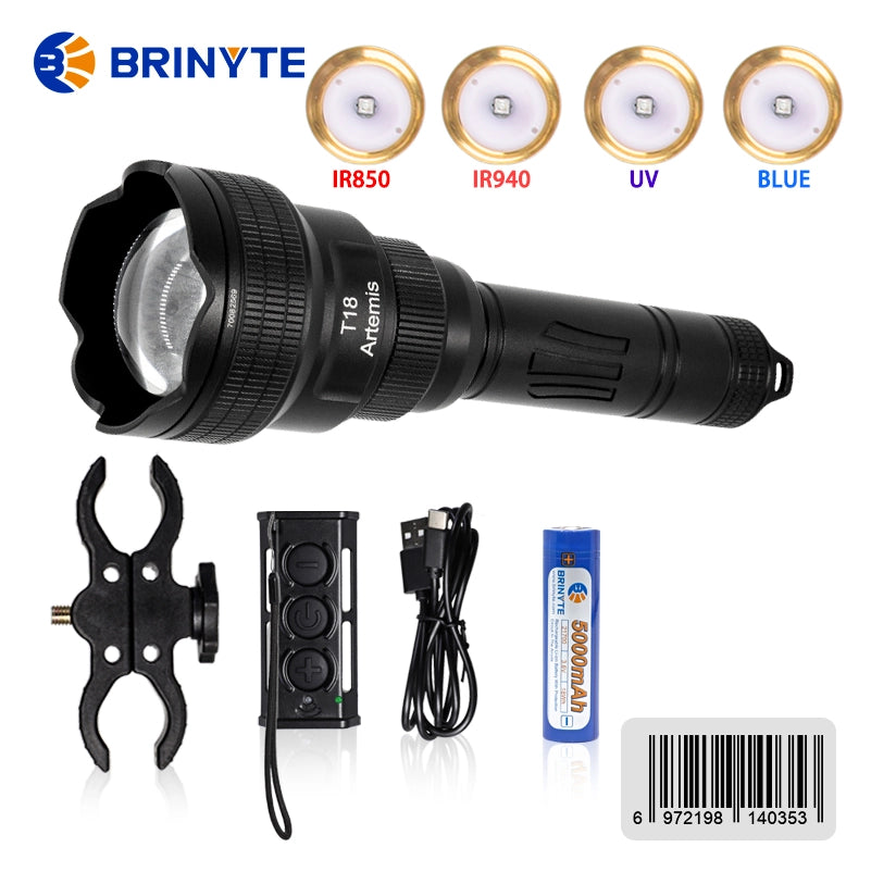 Kit de luces de caza con interruptor remoto inalámbrico Brinyte T18-4 con 4 bombillas Led IR940/IR850/azul/UV de repuesto