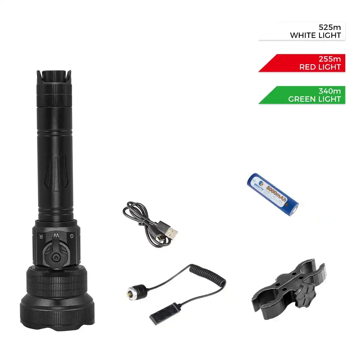 Brinyte T28 hunting flashlight kit with white, red, and green beam options, rechargeable 21700 battery, USB charging cable, remote pressure switch, and mounting bracket.