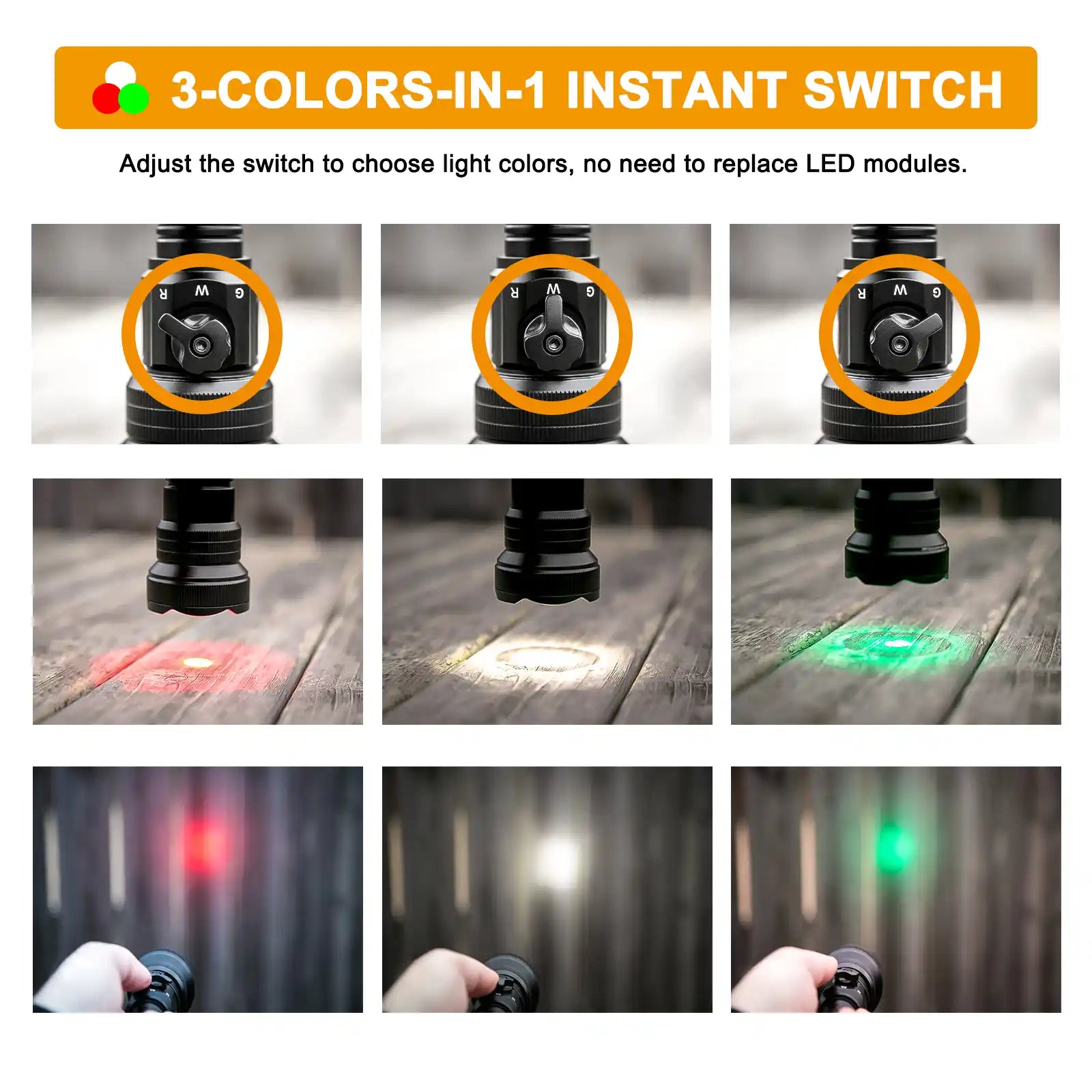 Brinyte T28 tri-color hunting flashlight instant switch: rotate the ring to choose white, green, or red light without replacing LED modules.