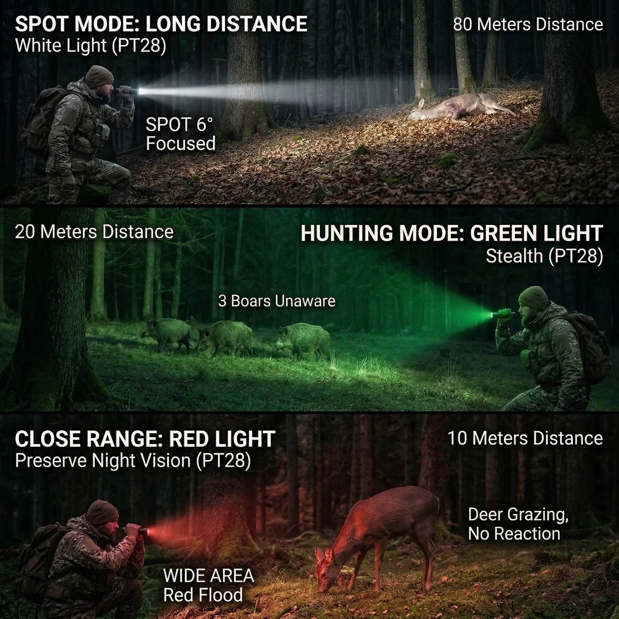 Brinyte T28 three-color hunting scene comparison: white light spot mode at 80 meters, green light stealth mode at 20 meters with 3 boars unaware, red light close range at 10 meters preserving night vision with deer grazing no reaction.